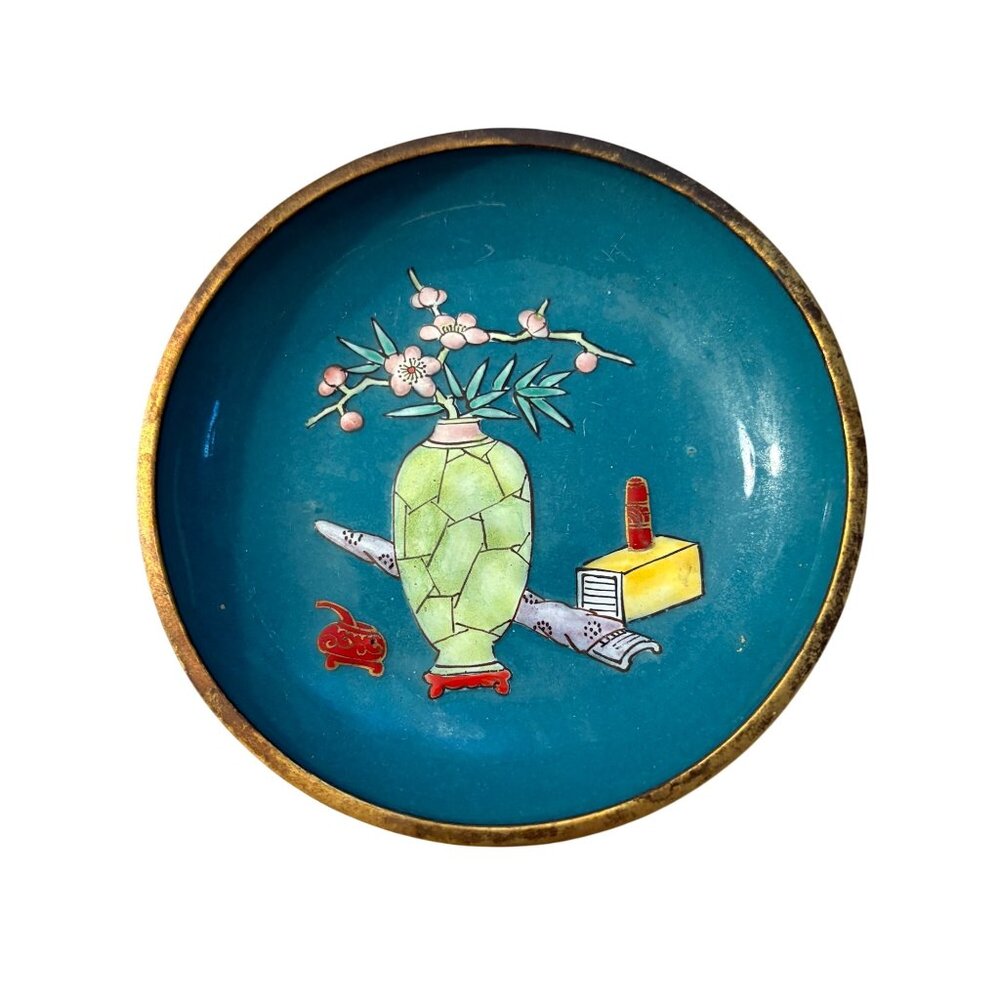 Vintage Cloisonné Trinket Dish With Floral Vase Design & Gold Trim